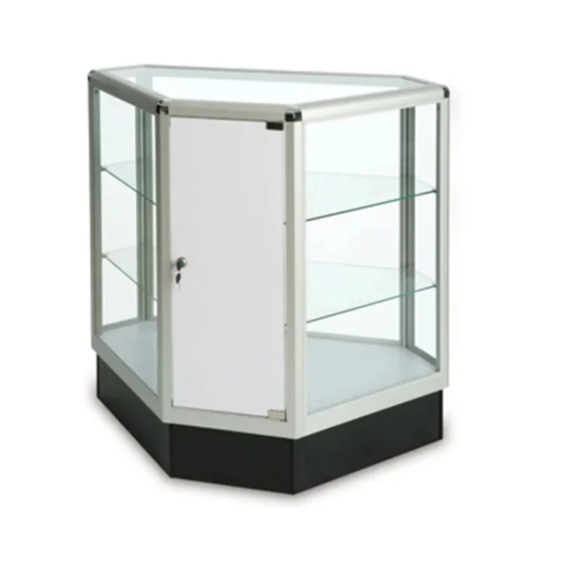 custom.Custom Shop Showcase Aluminum Frame Glass Corner Cabinet with LED Lighting