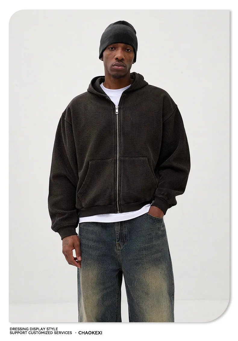 Waffle Knit Full Zip Hoodie for Men Vintage Washed Hooded Sweatshirt Casual Loose Cotton Kangaroo Pocket Streetwear Clothes
