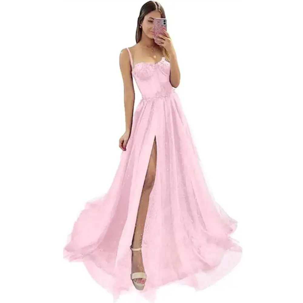 Vestidos de noite de tule brilhante, renda, alças espaguete, vestidos de festa, baile, meninas adolescentes, formatura, fenda lateral alta, sem mangas, personalizado