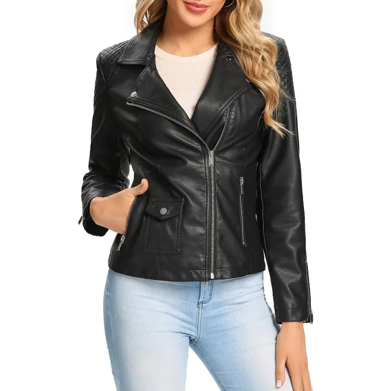 Women's Black Leather Jacket Pure and Authentic Sheepskin Inlaid with Rider Zipper Fashionable Trend in Front