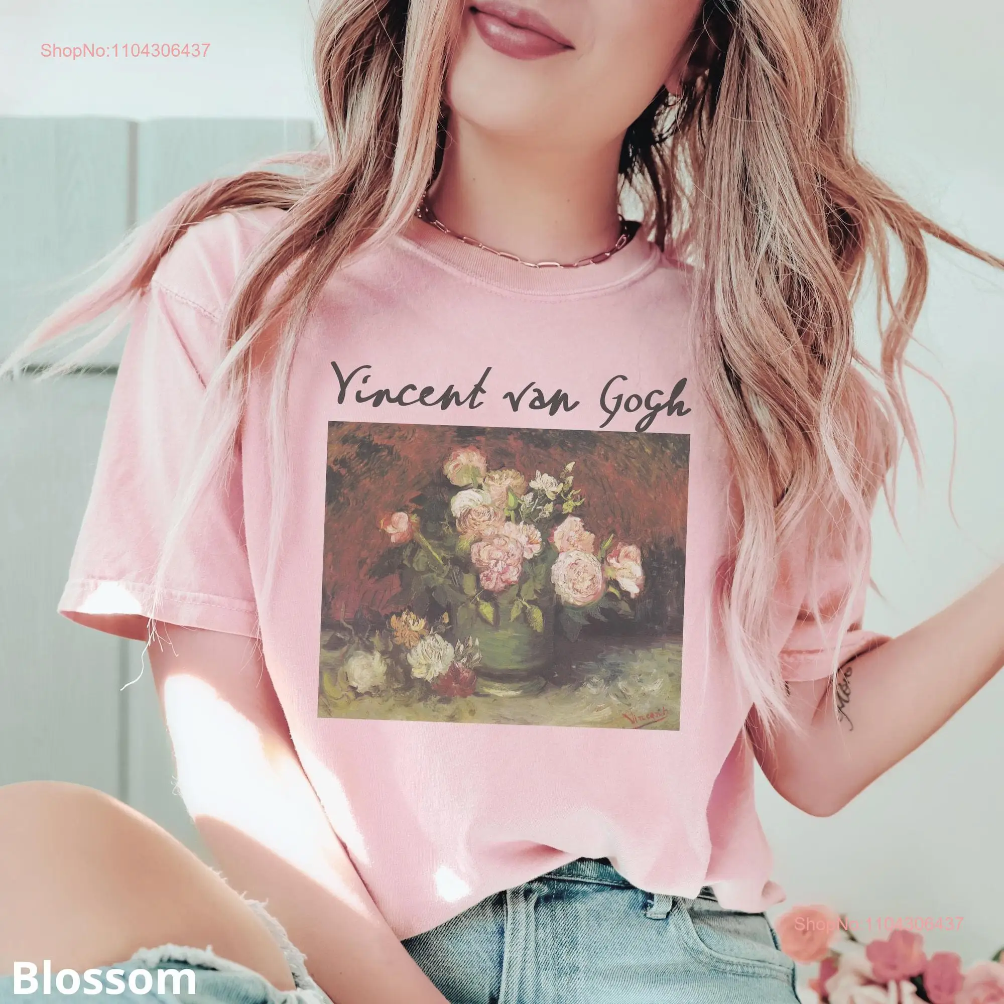 100 Cotton Van Gogh T Shirt Comfort Colors ArT Peonies and Roses for Women Floral Lover Teacher Her long or short sleeves