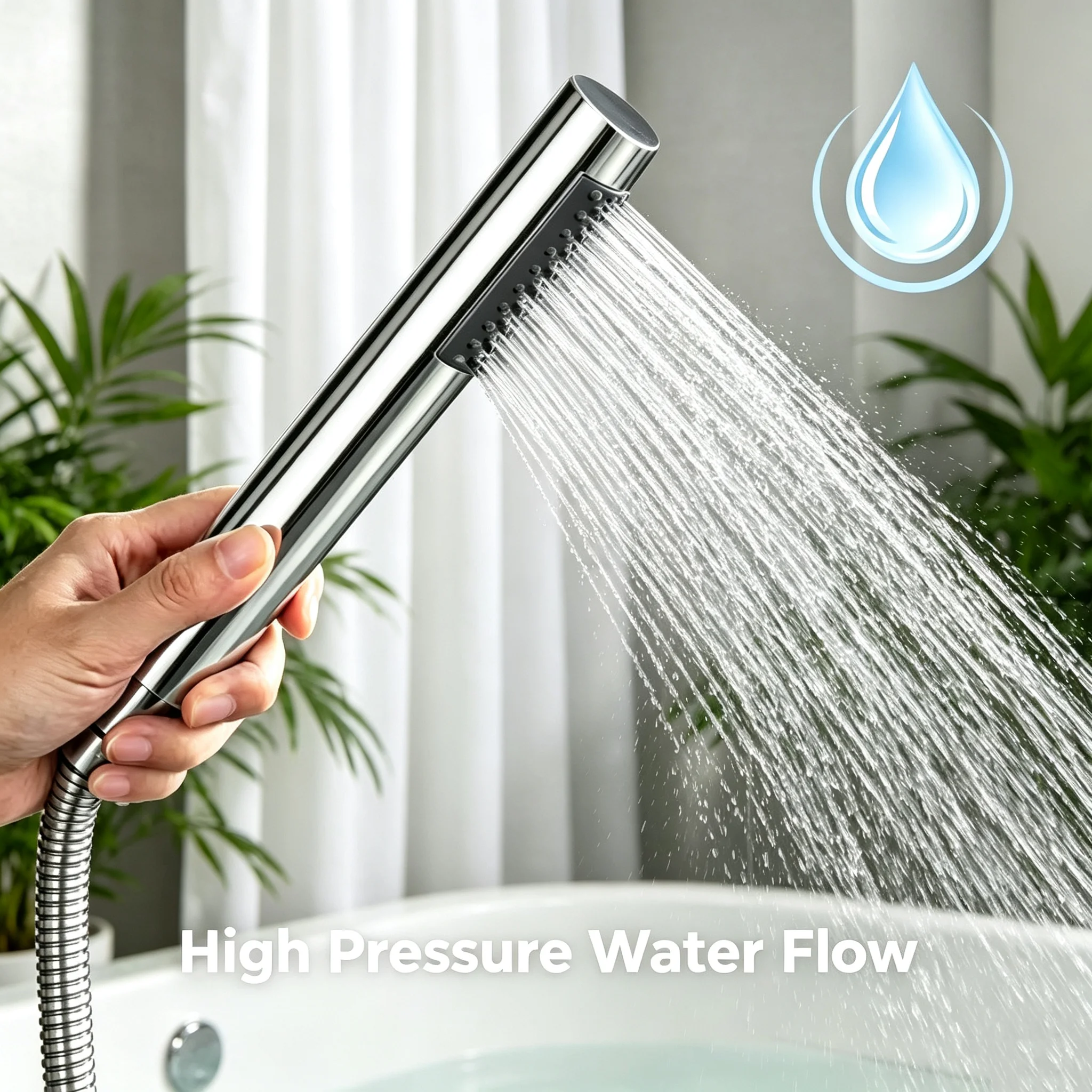 ABS High Pressure Handheld Shower Head, Black and Silver Polished Finish Rust‑Proof Bathroom Accessory