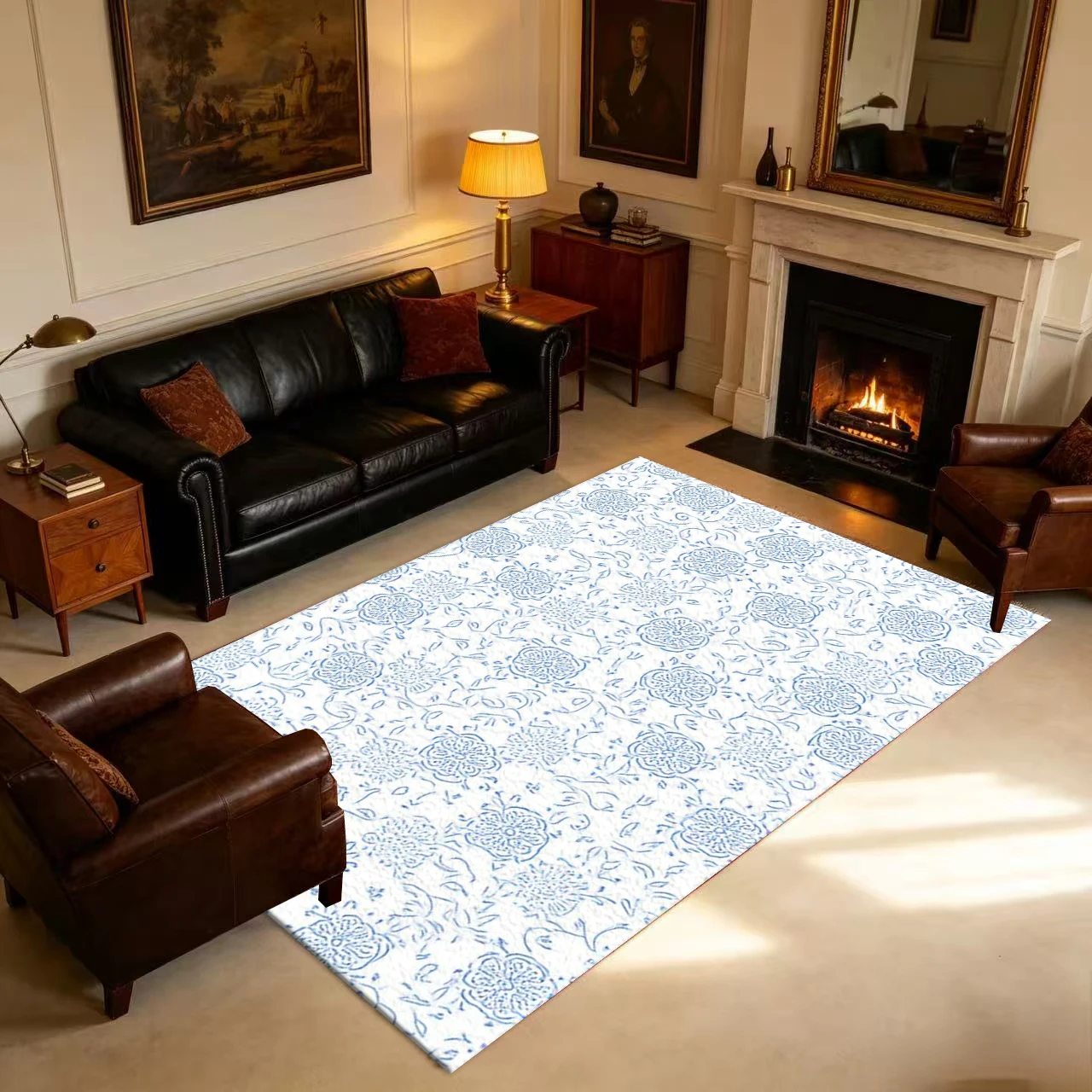 Blue Line Sketch Floral Pattern Carpet Flooring Anti-Slip Minimalist Botanical Floor Rug For Bedroom Kitchen Home Decor