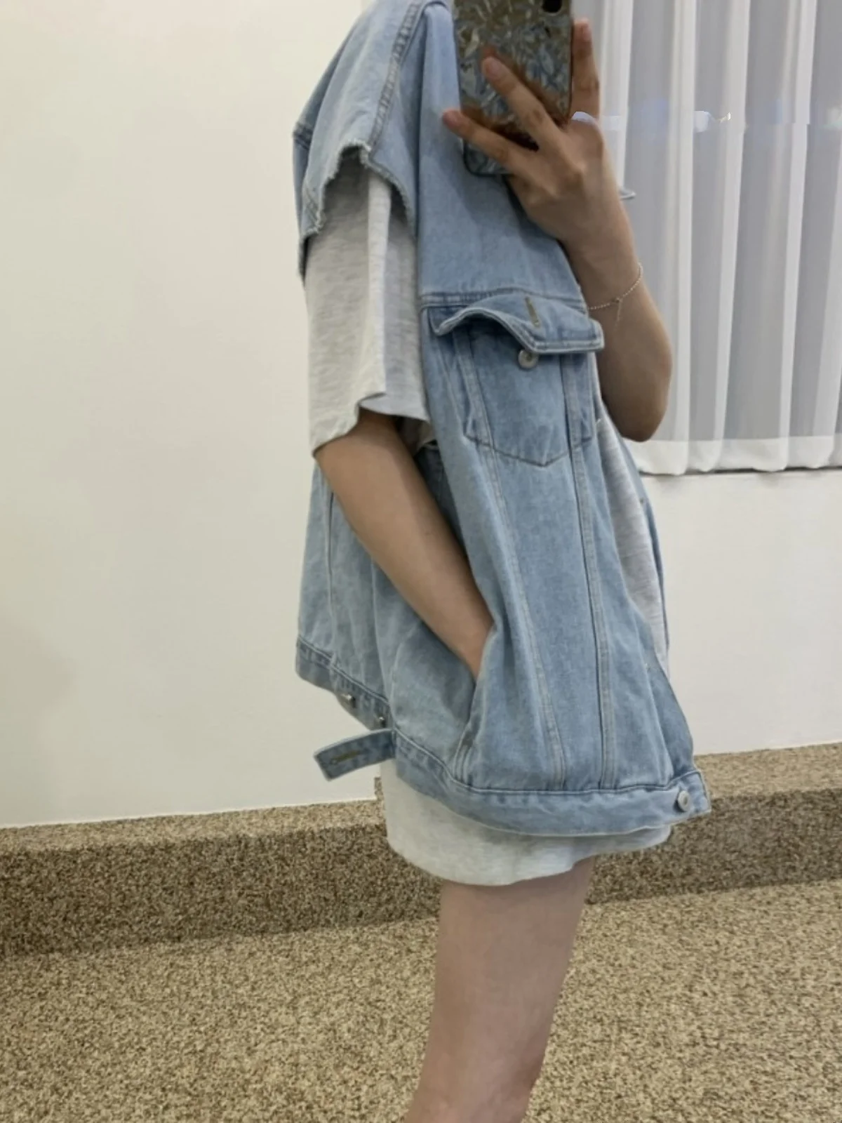 Retro Faded Denim Vest Jacket Women's Hong Kong Style Cool Versatile Shoulder Pad Double Pocket Loose Vest Top