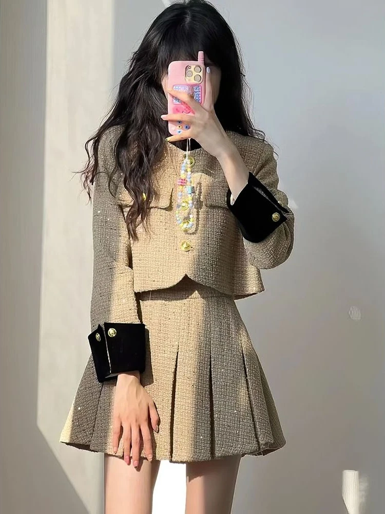 203 Autumn Vintage 2 Piece Skirt Set Women Party Casual Long Sleeve Elegant Blazers Coat + Plated Skirt Korean Fashion Suits