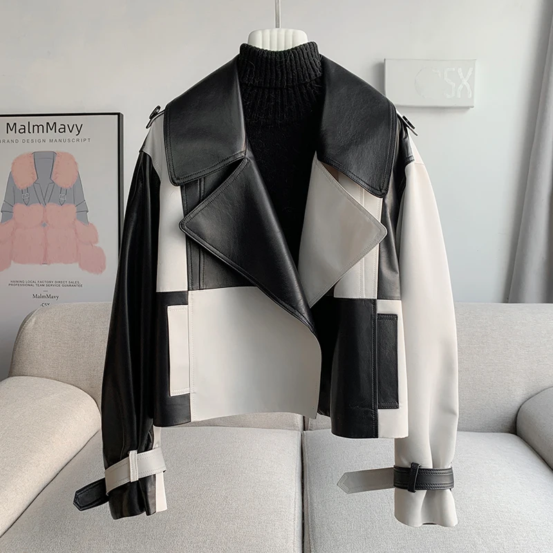 

2023 Black and white contrasting leather sheepskin jacket for women's short new Haining motorcycle wear spring and autumn jacke