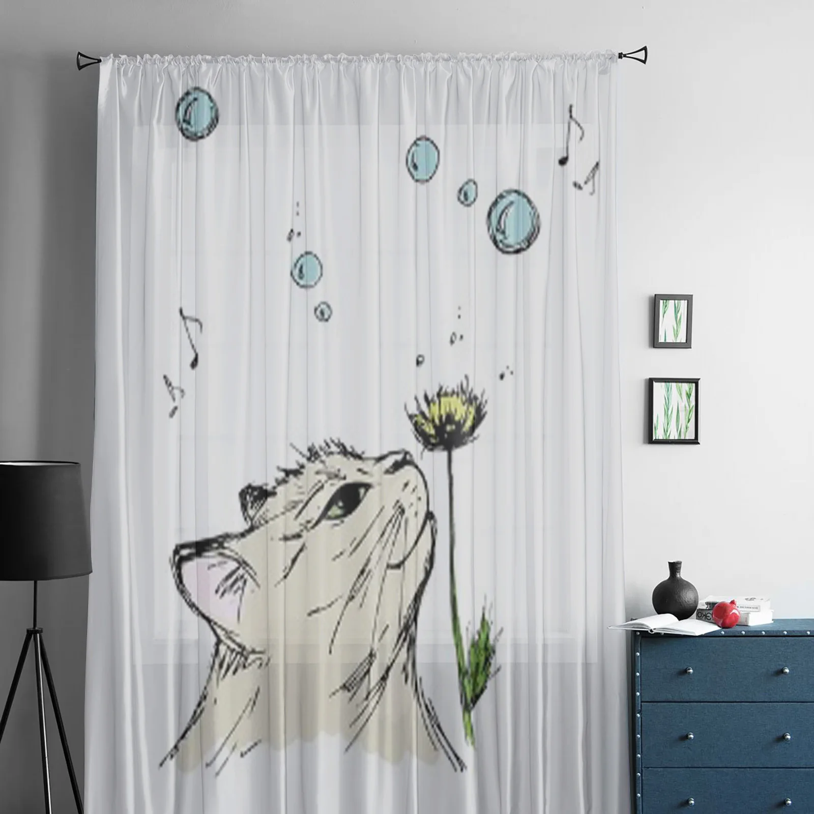 Cat Sniffing A Flower Spring White Tulle Sheer Curtains for Living Room Bedroom Kitchen Decoration Voile Organza Curtains