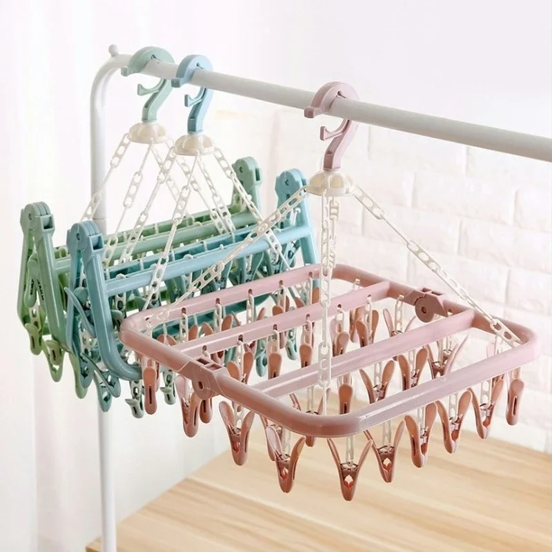 Colgador de ropa plegable de plástico, toallas, calcetines, sujetadores, ropa interior, tendedero con 32 Clips, herramientas organizadoras de armario para ahorrar espacio