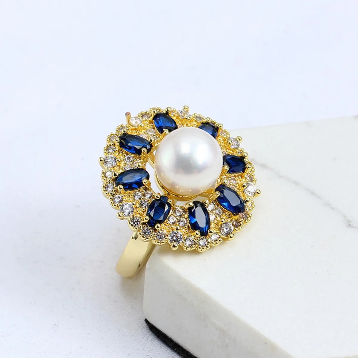 Brass 14K Gold Filled Large‑Flower Color CZ Micro‑Pave Adjustable Open Ring Blank Setting Women DIY Pearl Ring Accessories