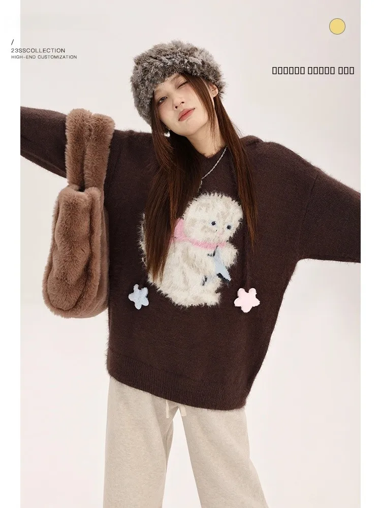 

Коричневый свитер с капюшоном и мультяшным принтом, женский повседневный свободный топ, бренд Yang Bubble, вязаный, с длинными рукавами, зимний, для поездок на работу