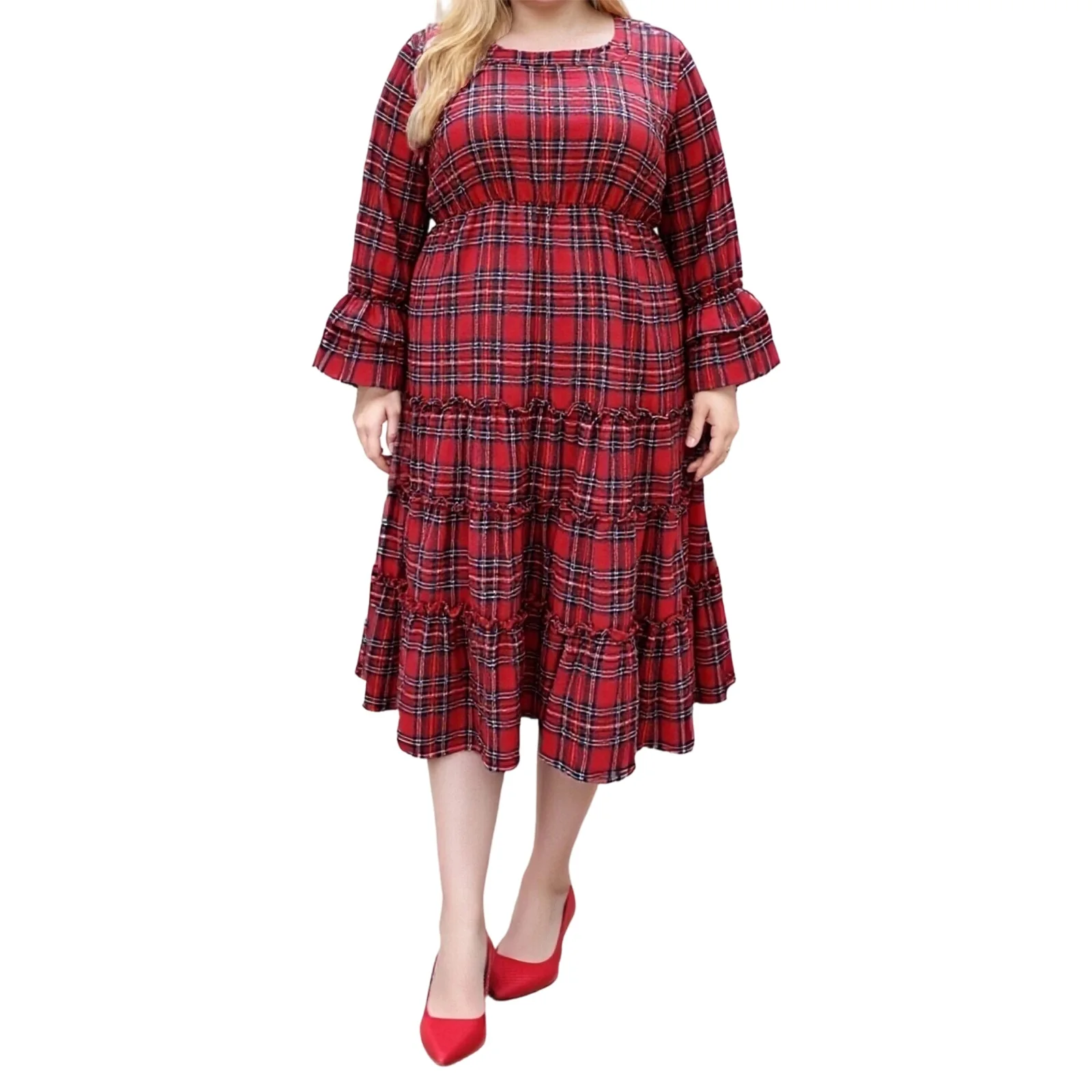 

Женское осеннее платье больших размеров с длинными расклешенными рукавами и круглым вырезом, рюшами и отделкой, платье миди в клетку