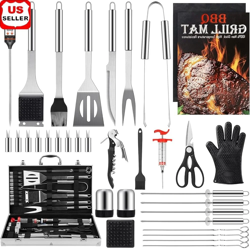 34PCS BBQ Grill Werkzeug Set Outdoor Zubehör mit Aluminium Fall Spachtel Zange Spieße Fleisch Thermometer Grill Matten Camping und