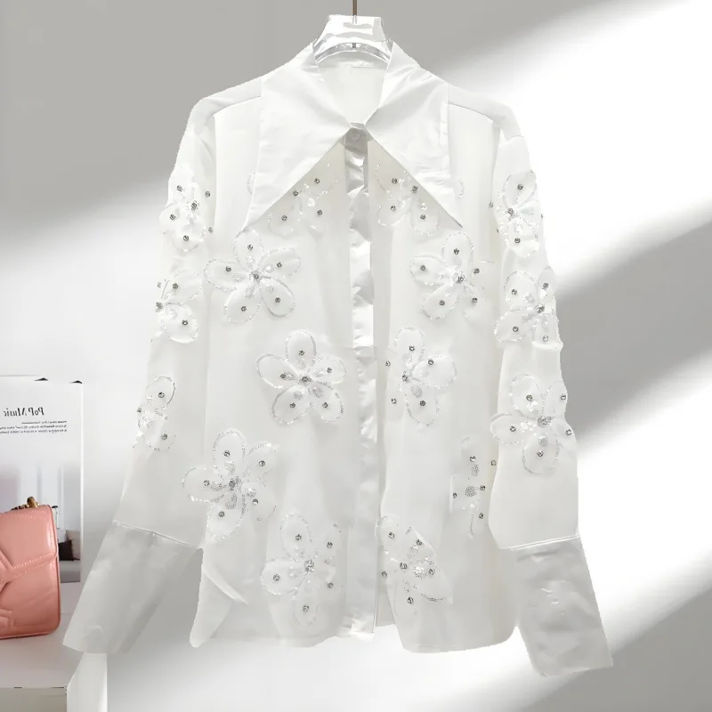 

Fashionable Long Sleeve Slim Fit Women's Shirt 3D Flower Design Versatile Top Commute Style Polyester Fiber Spring Season