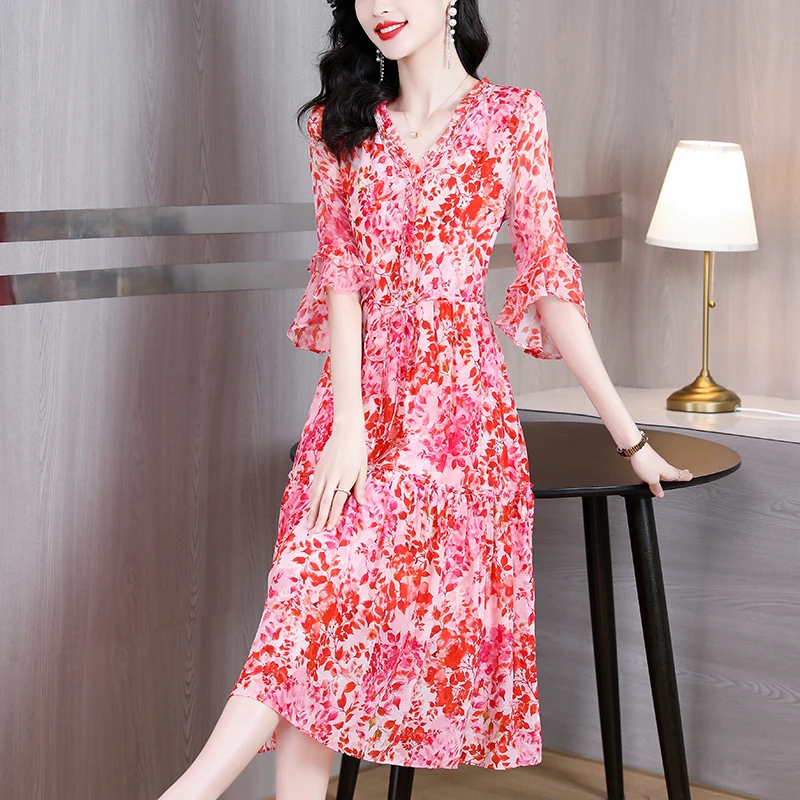 

2023 New Fashion Silk Printed Dress Women's Summer Vintage Silk V-Neck Fragmented Flower Loose Fit Leisure Holiday Dress Vestido