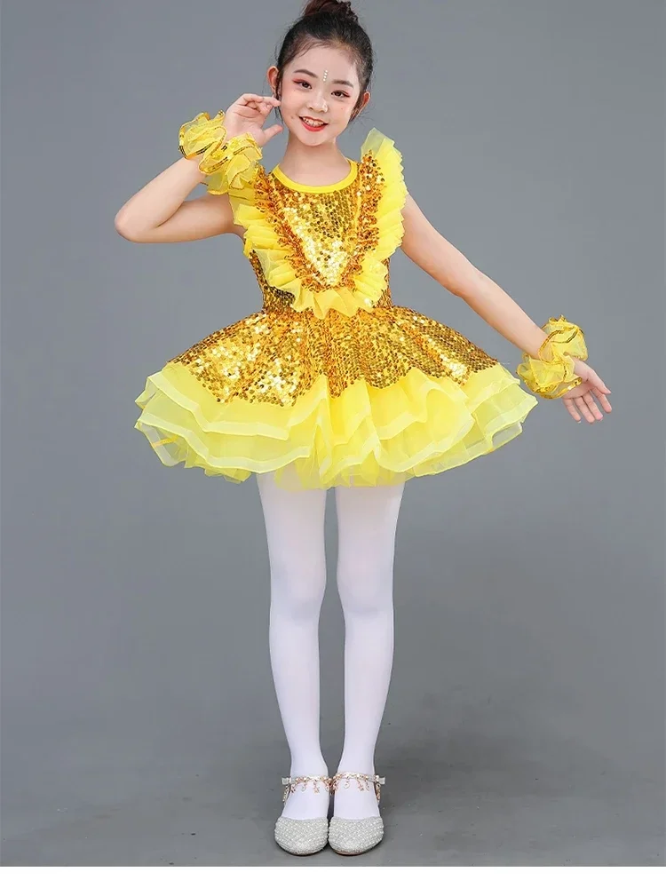 Gold Kids Ballroom Clothing Sequined Jazz Dance Modern Dance Dress Ballet Princess Skirt Girls Performance Clothes Stage Dress