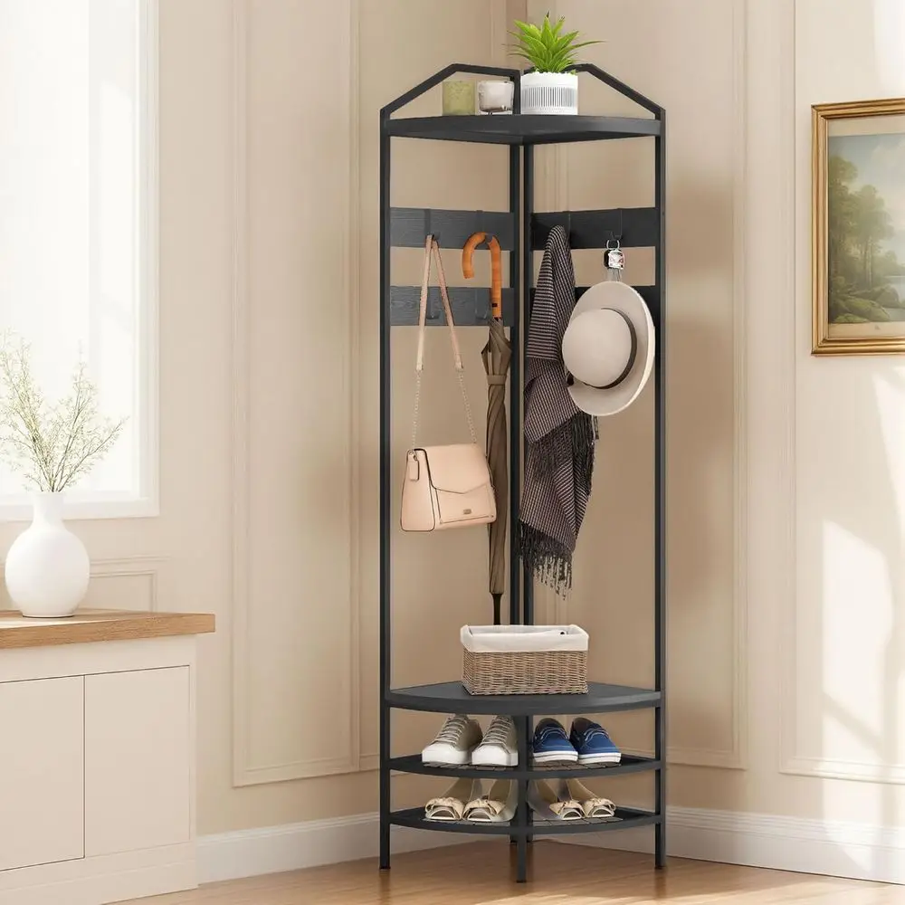 

Industrial Style 4-Tier Coat Rack with Shoe Storage and 8 Hooks for Entryway, Black