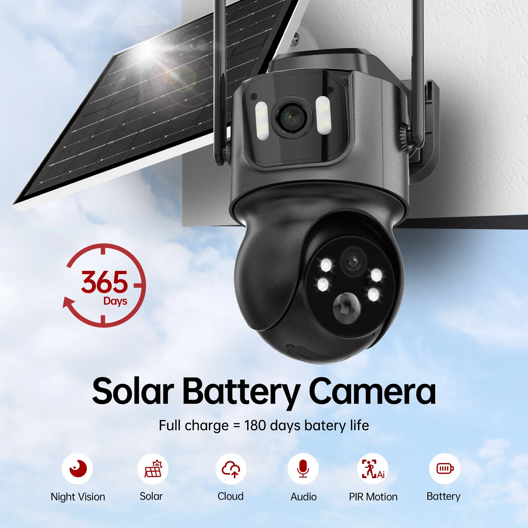 8MP Wireless Solar Camera Dual lens WiFi PTZ Cameras Outdoor Built-in Battery Video Surveillance Camera Long Time Standby iCsee