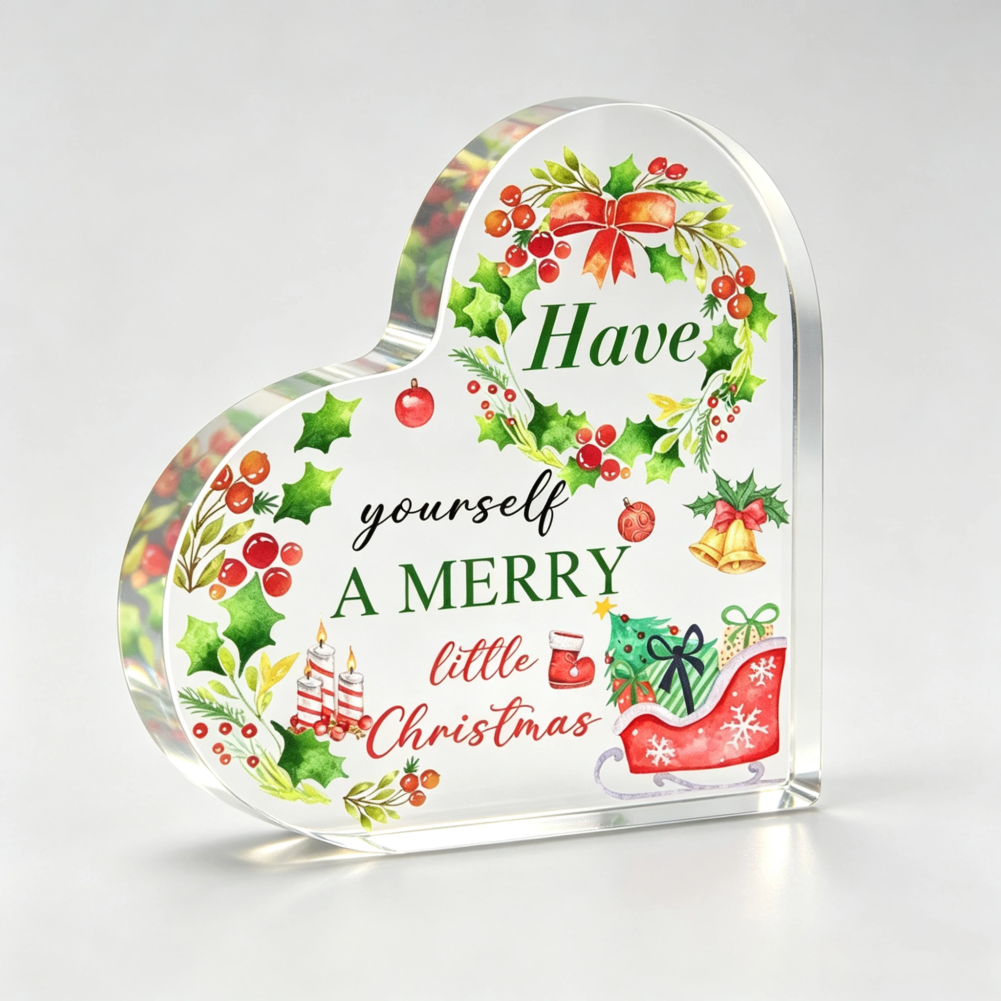 Merry Christmas Indoor Decor, Acrylic Heart Plaque, Christmas Keepsake Ornament for Table Shelf Fireplace