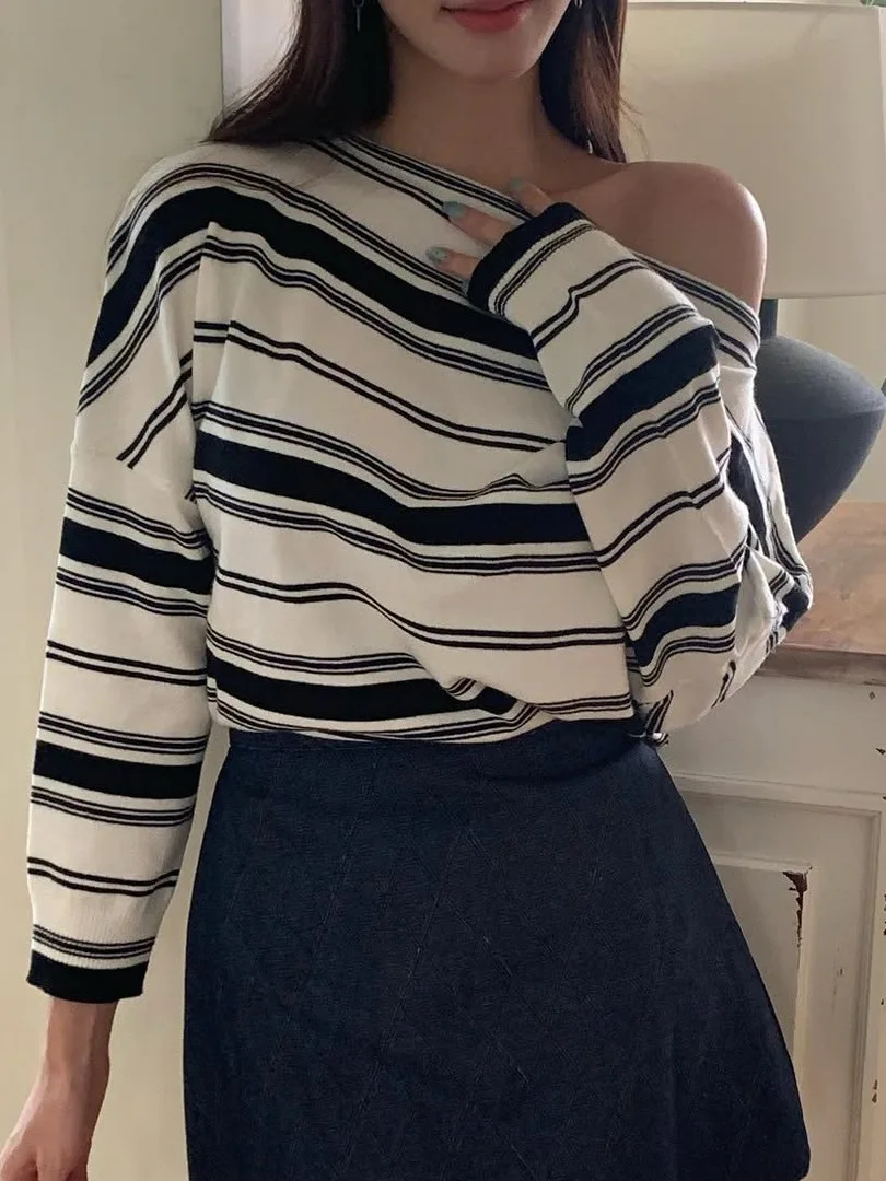 Prenda de Punto para Mujer, Estilo Vintage a Rayas, Diseño Hoado con Hombros Descubiertos, Moda Casual para Principios de O...