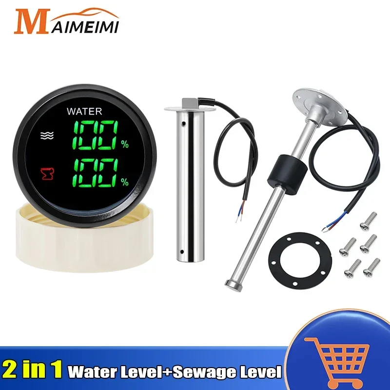52MM Water Level+Sewage Level Meter Digital Dual Gauge Water Or Sewage Level Sensor 0-190ohm HTG for Boat Car 12V 24V Customized