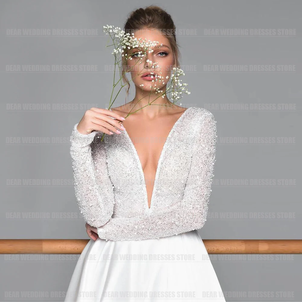 Semplici abiti da sposa eleganti musulmani una linea da donna Sexy scollo A V con spacco laterale Sweep Train abiti da sposa da festa moderni formali in raso