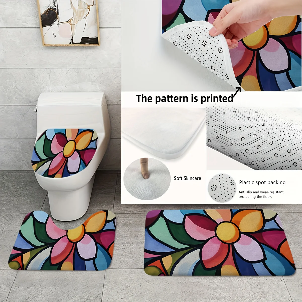 

3pcs Bohemian Style Floral Pattern Bathroom Rug Set, Toilet Lid Cover, U-Shaped Toilet Mat, Soft Surface Flannel Material, Non-S