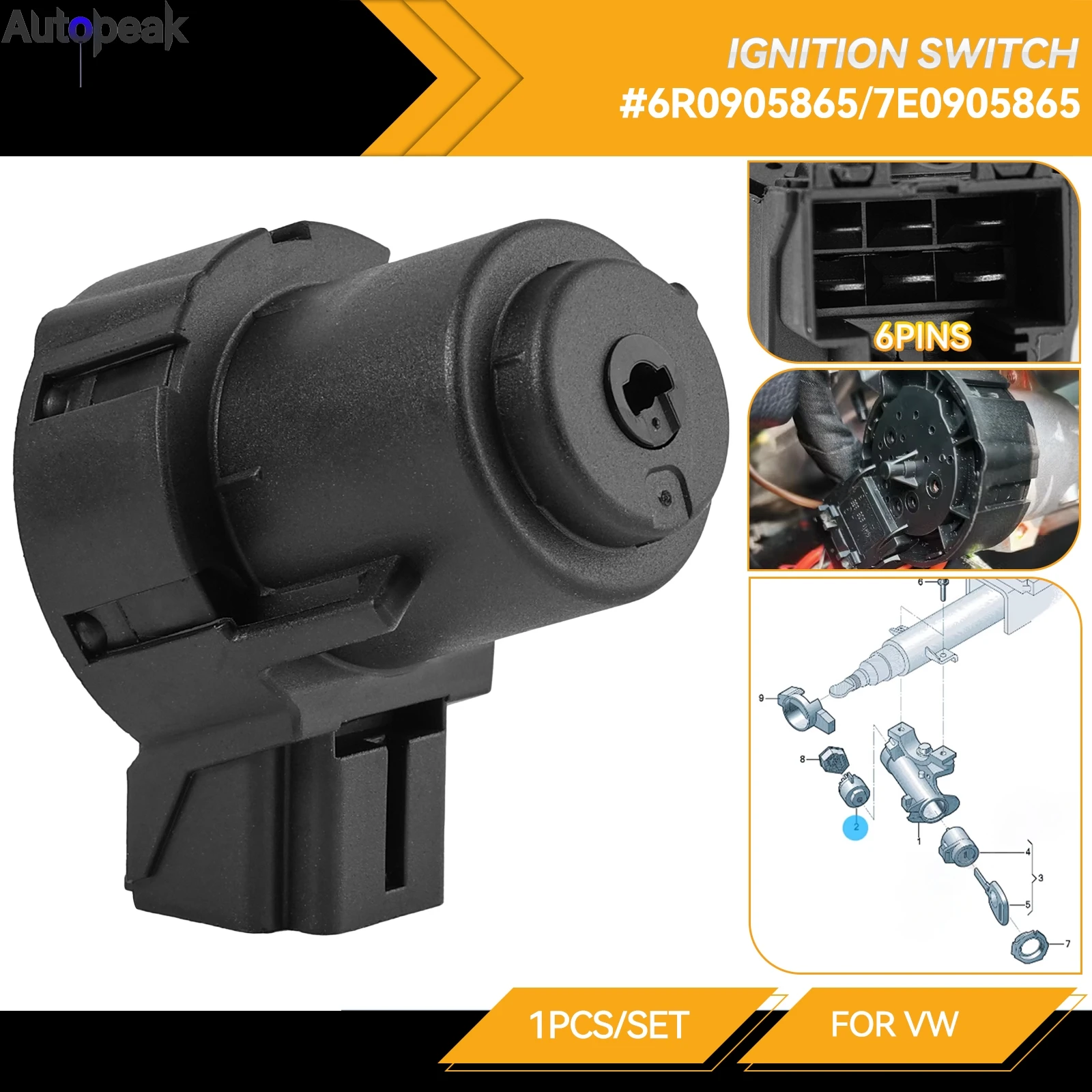 Electric Ignition Lock Barrel Contact Starter Switch FOR VW  Amarok Polo UP Transporter T5 T6 Seat Ibiza Skoda Citigo 6R0905865