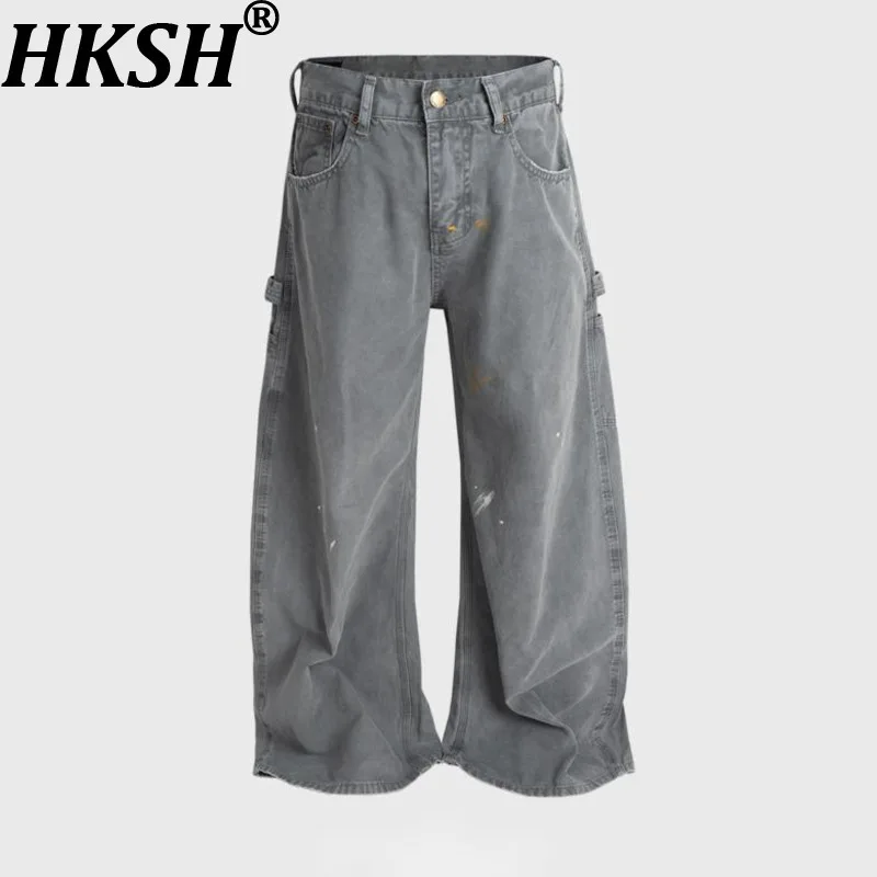 

HKSH осенние новые мужские длинные брюки-карго в стиле сафари с маленьким галстуком, унисекс, большие потертые шикарные джинсы Ins HK15543