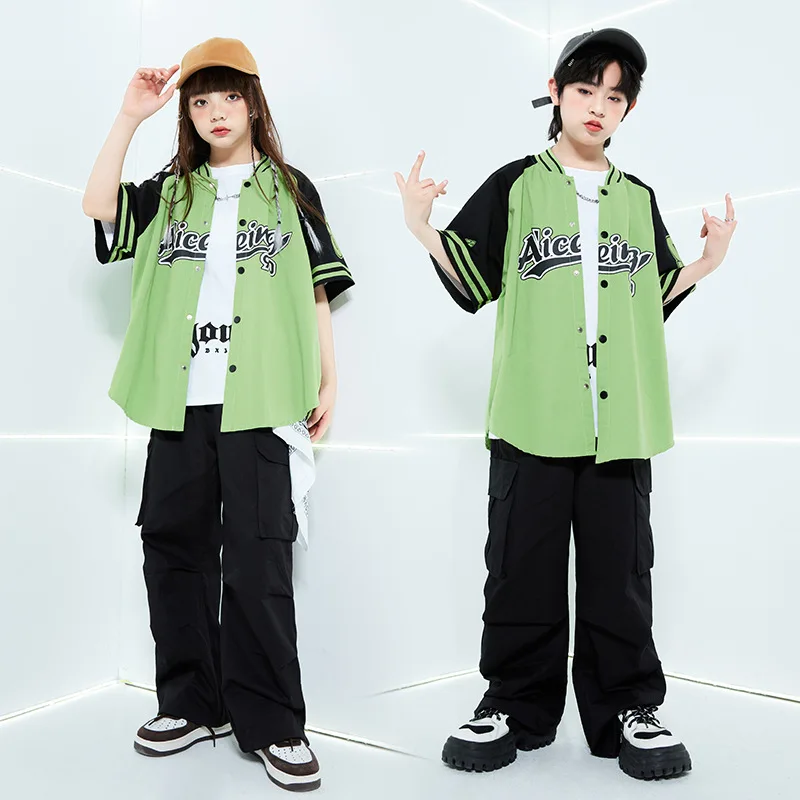 Chidren Hip Hop Clothing Green Short Sleeve Shirt Jacket Top Black Cargo Pants for Kids Jazz Dance Costume Teenagers Street Wear