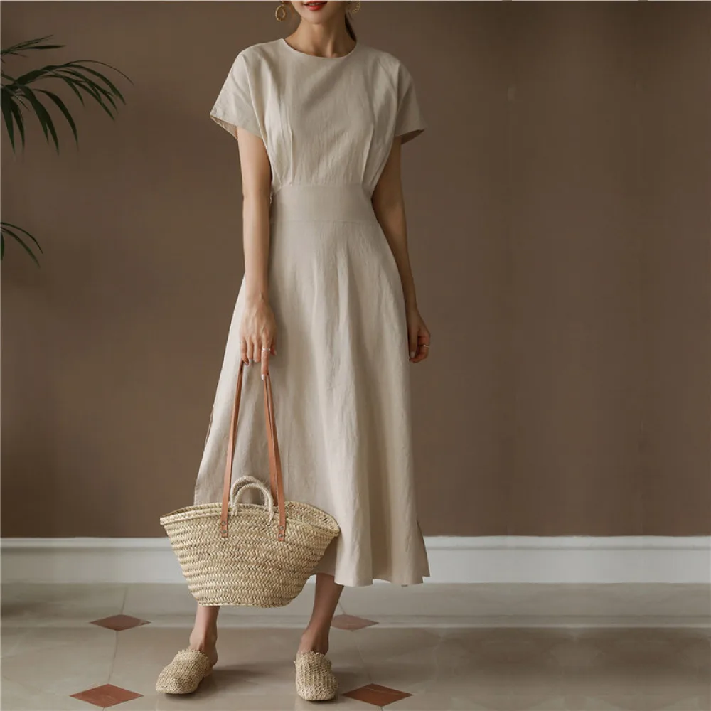 M-2XL Cotton Linen Bandage Vintage Long Summer Dress Women Split Large Hem Flattering A-line Maxi Sundress Female 2024