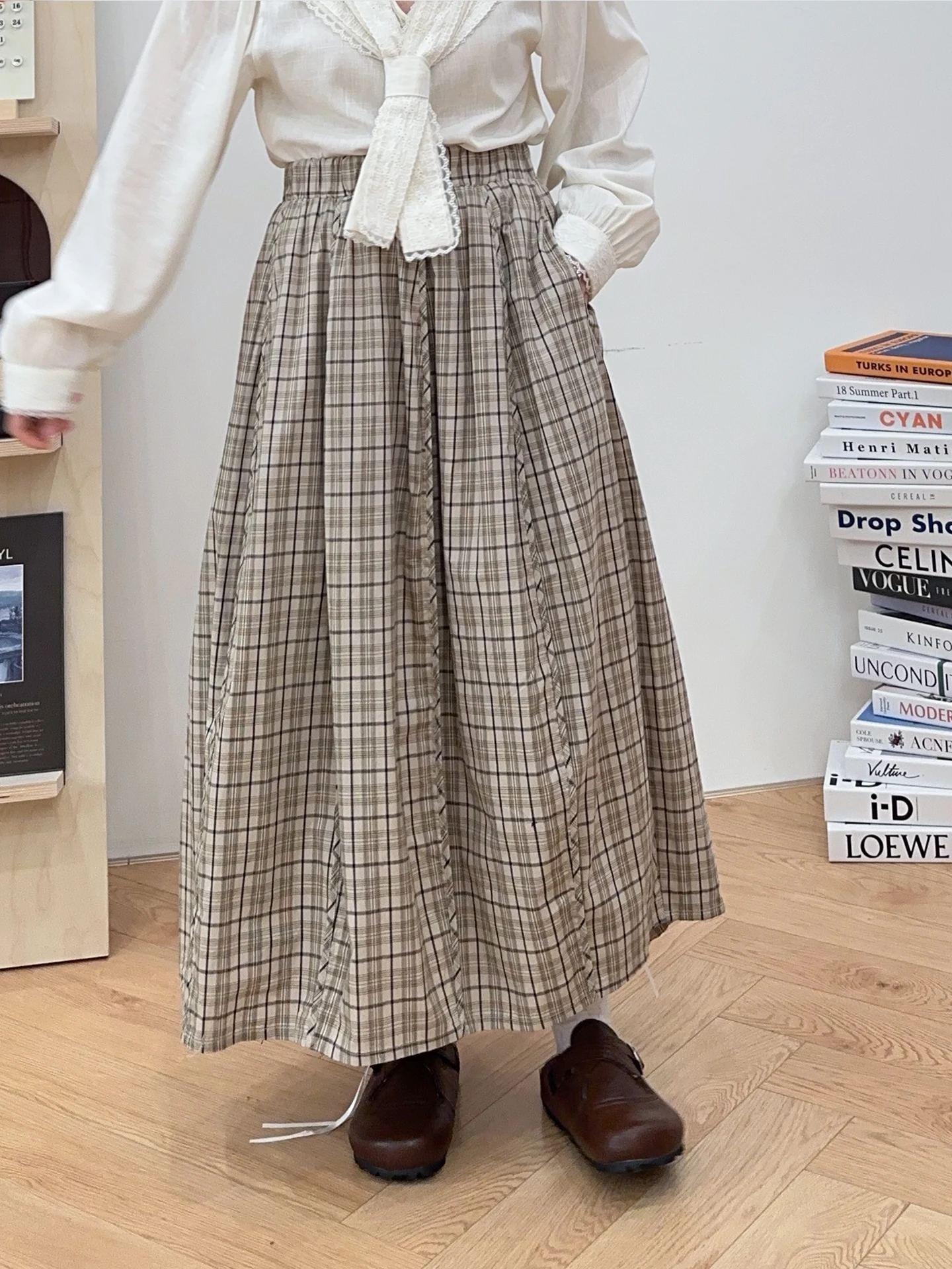 

Slimming Japanese Style Plaid Skirt Elastic Waist Universal Fit Women's Summer Cotton Umbrella Skirt Loose Style Fashion