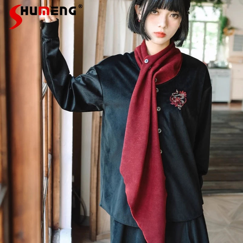 

Новая черная рубашка в китайском стиле с ворсовым воротником, осенне-зимний топ с вышивкой, однобортная блузка с длинными рукавами