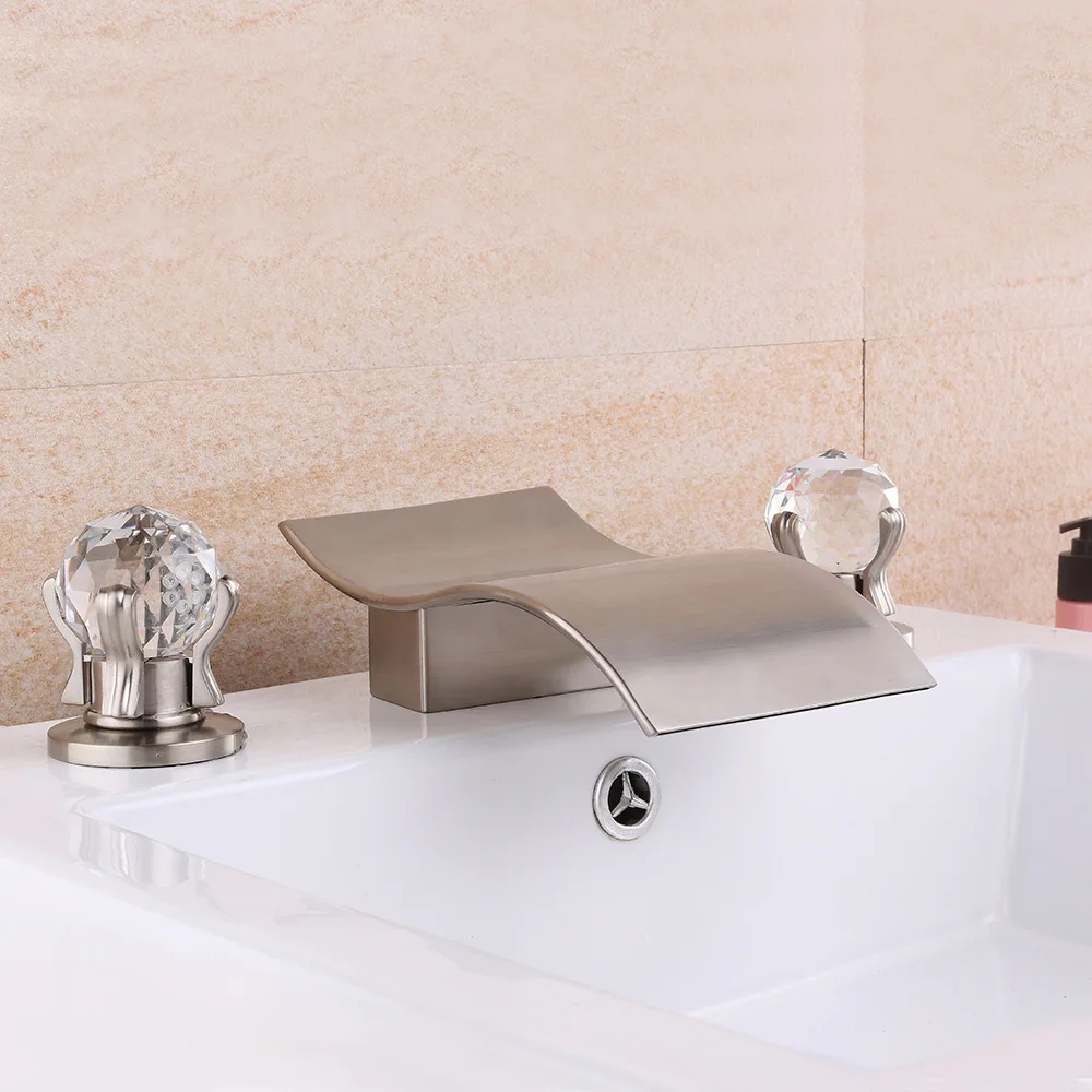 Luxury Brass Bathroom sink faucet 3 Holes 3 Handles Crystal Brushed Nickel Basin Mixer Tap Cold hot water waterfall Bath faucet