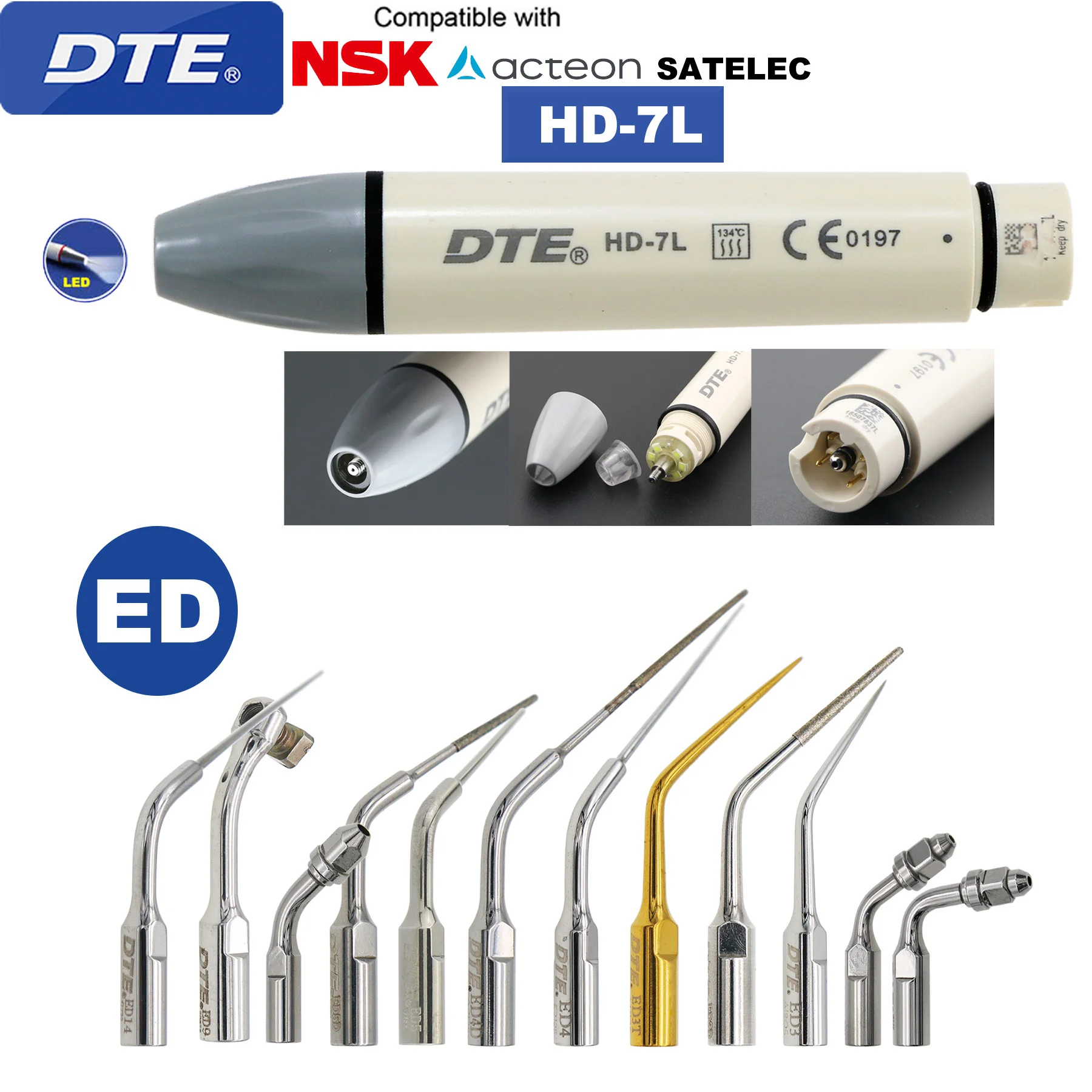 

Woodpecker DTE Dental Ultrasonic Scaler Handpiece With LED HD-7L Dental Scaler Tips Endodontics Tips Fit SATELEC ACTEON NSK