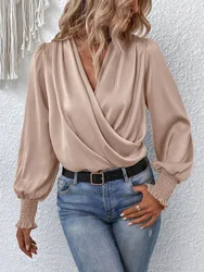 New Women's Simple Cross Pleated V Neck Shirt Spring And Summer Solid Color Retro Lanternlong Sleeved  Female White Office Shirt