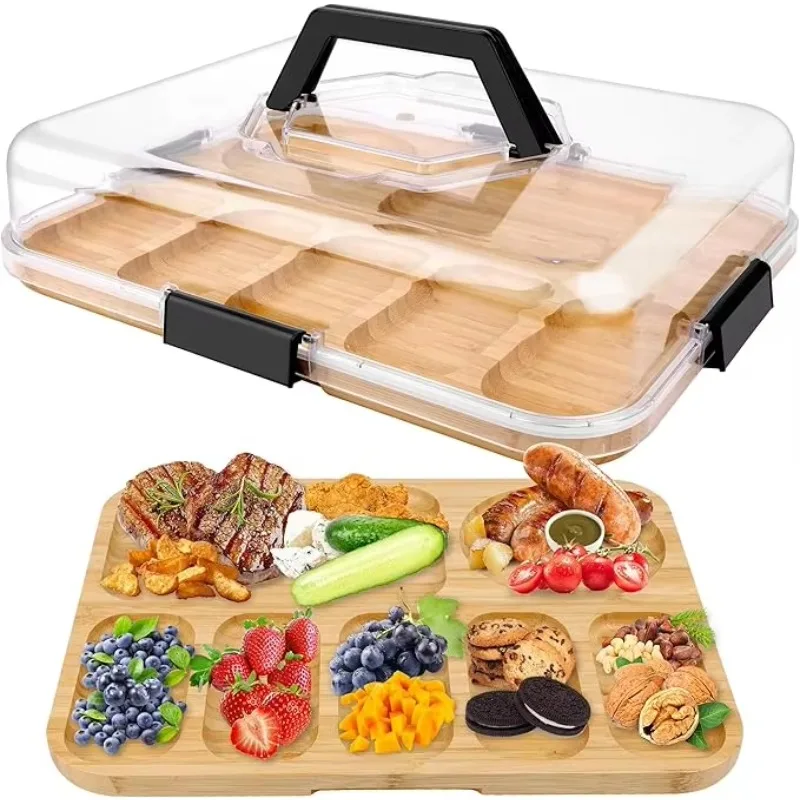 

6 grid travel portable cheese deli board with covered bamboo function cutting board for house heating birthday