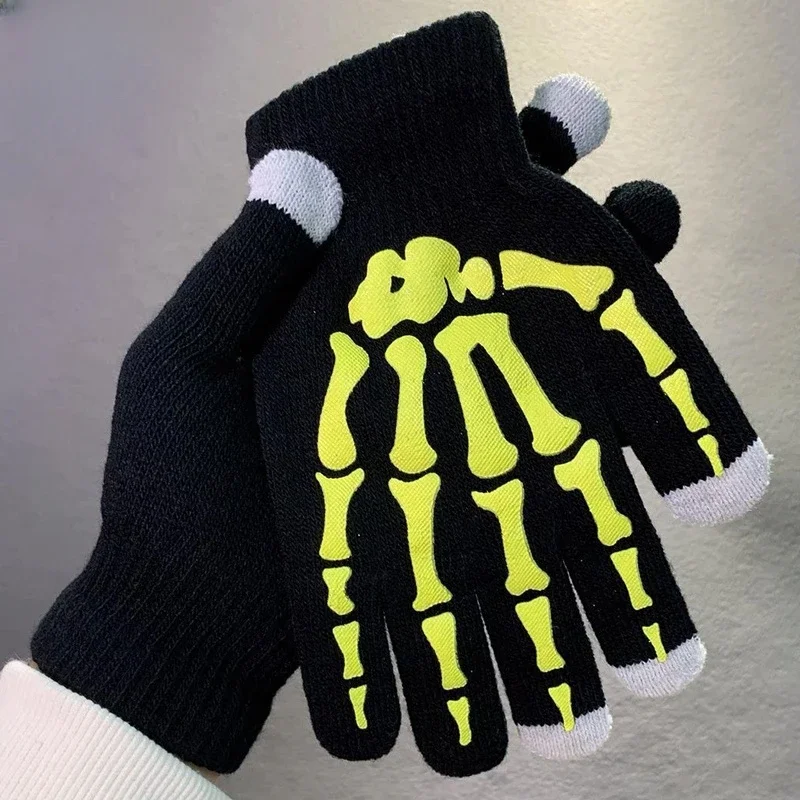 Nuevos guantes Punk Unisex Halloween esqueleto cráneo medio dedo guantes que brillan en la oscuridad sin dedos estiramiento tejido manoplas de invierno