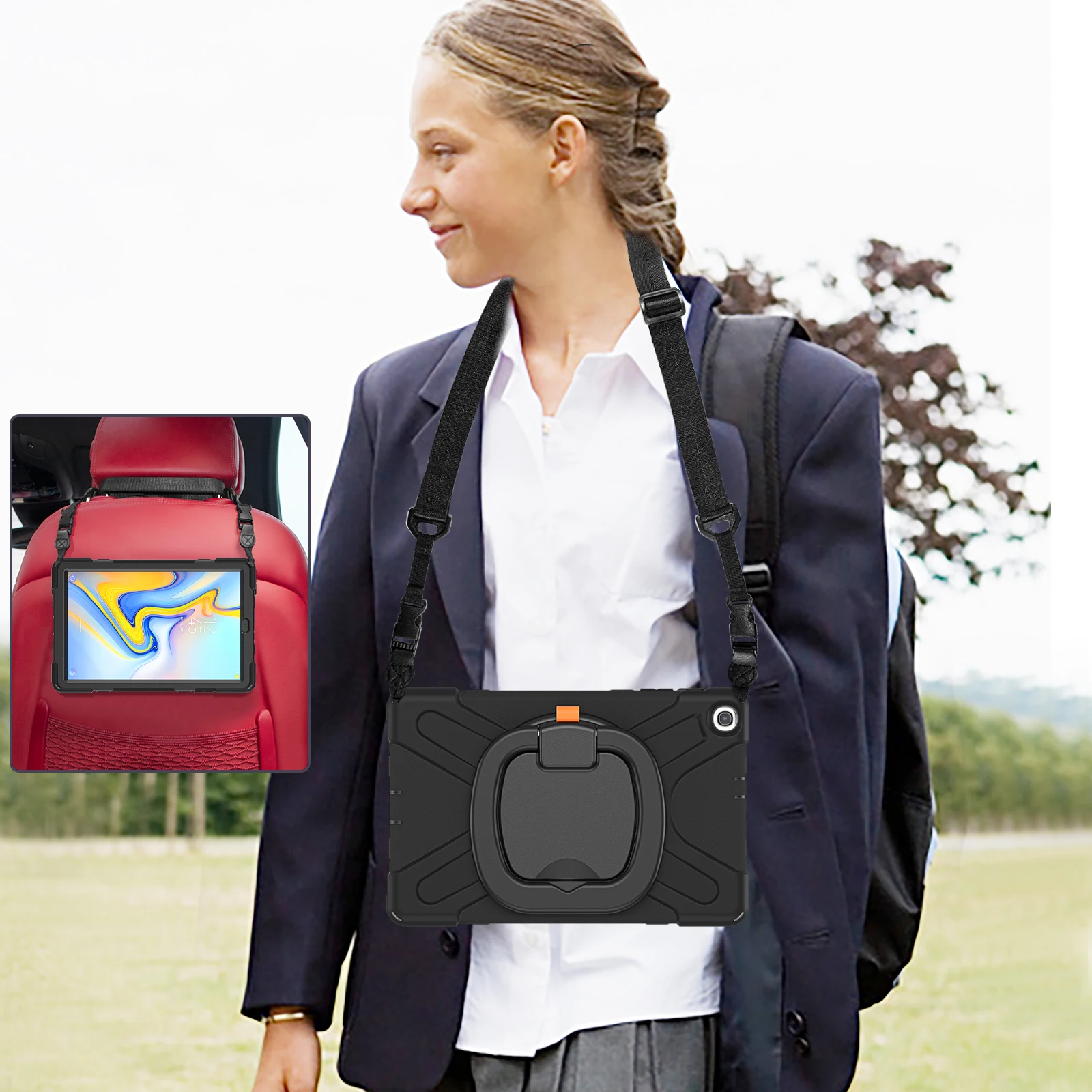 Armor Case For Samsung Galaxy Tab A 10.1 2019 SM-T510 SM-T515 360 Rotatable Stand Hybrid Cover With Hand Strap Shoulder Strap