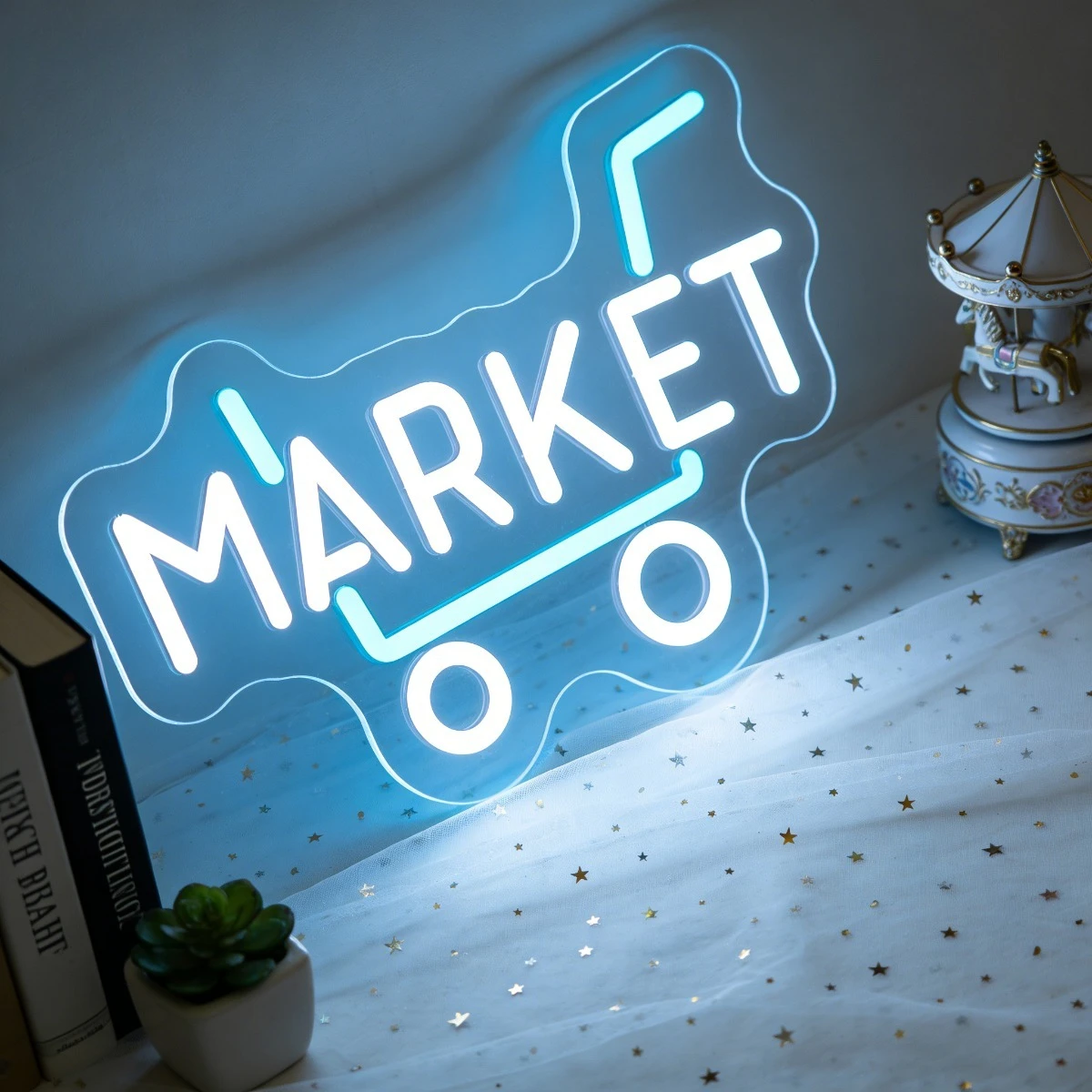 

MARKET Shopping Cart Blue LED Neon Sign for Home Bar Party Wedding Decor Creative Wall Art Store Display Night Light