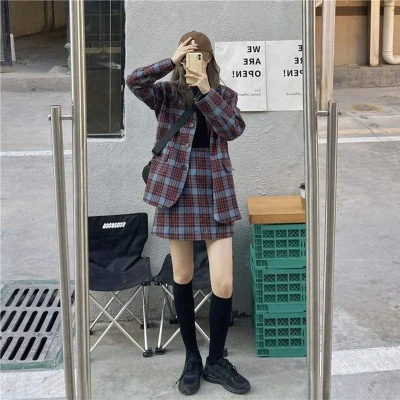 Fashion Two-piece Suit Women Winter New Style Korean Plaid Woolen Blazer + High Waist A-line Skirts Sets Female