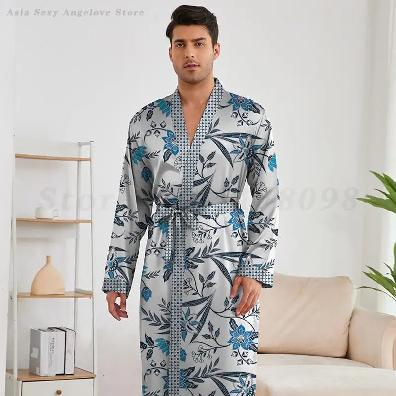 Print Flower Men\'s Sleepwear Long Sleeved Robe Shorts Pijamas Set Loose Casual Bathrobe Kimono 2025 Spring Summer 2PCS Pyjamas