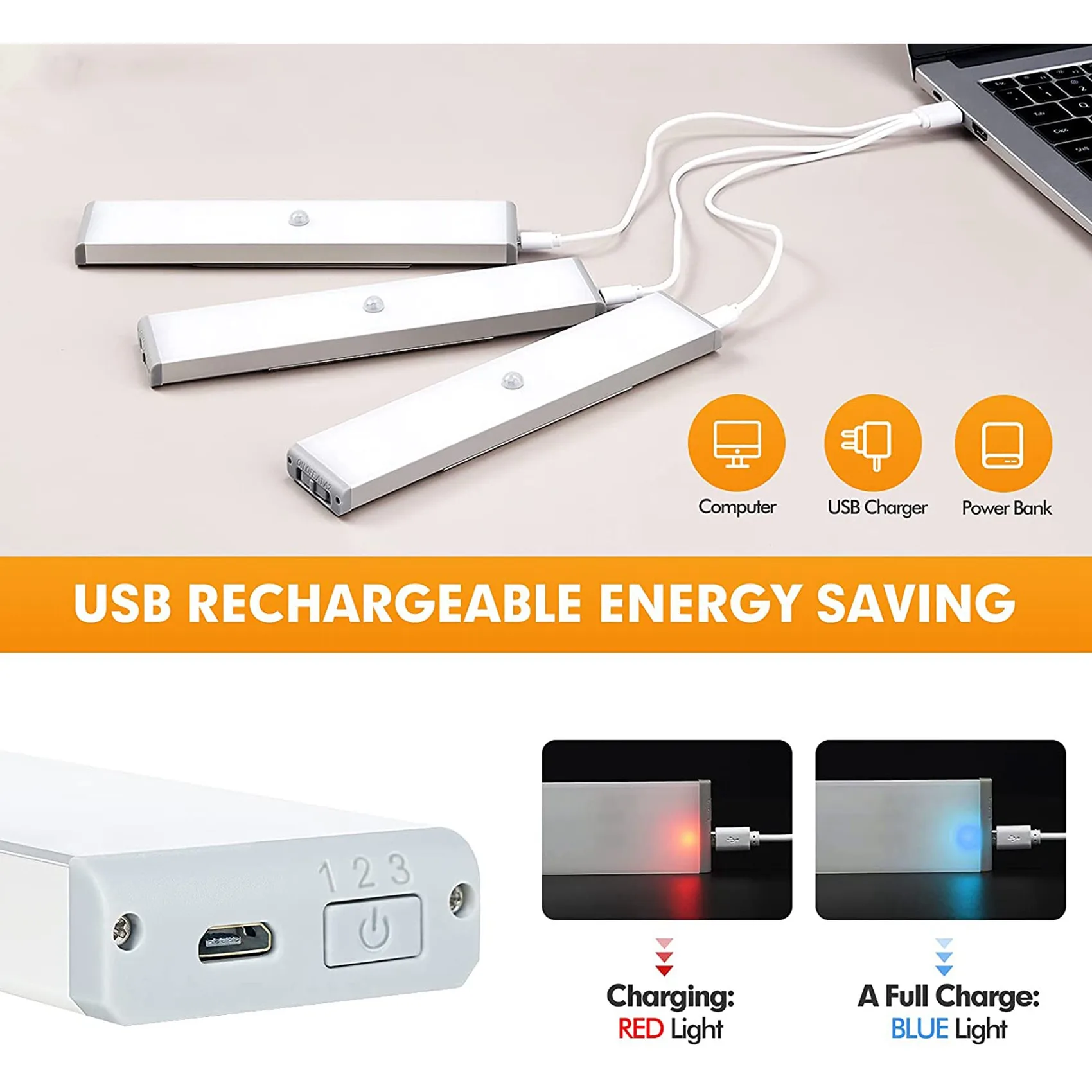 ABRN-LED Closet Light,60 LED Rechargeable Motion Sensor Closet Light Under Cabinet Light,For Wardrobe, Stairs, Bedroom,3 Pack