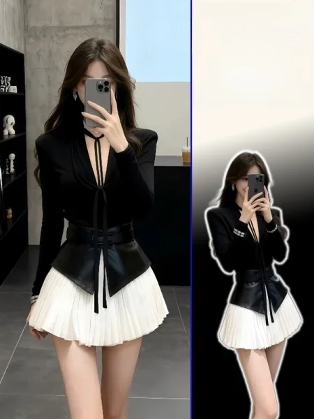 

Женский модный комплект больших размеров: топ с V-образным вырезом и поясом, а также юбка-карандаш. Красивый и универсальный комплект из двух предметов.