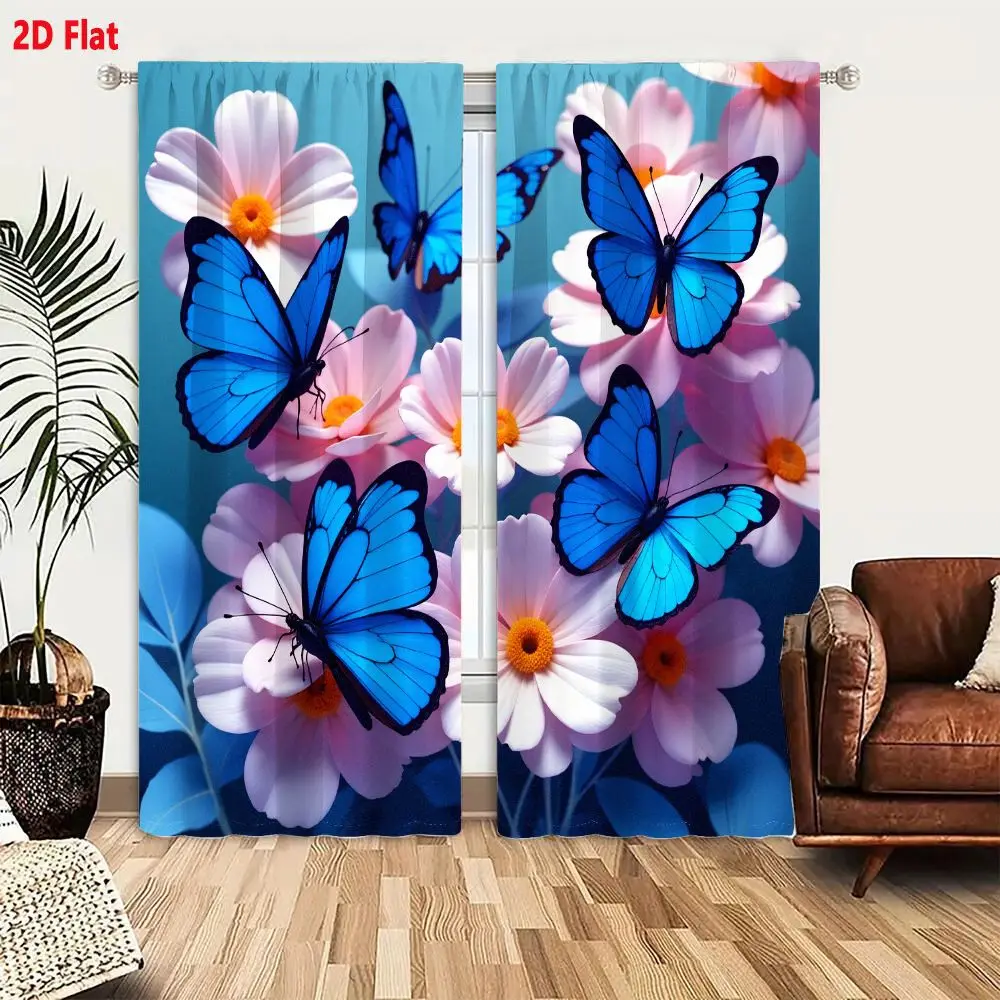 2Pcs Curtains 2D Flat Vibrant Artistic Arrangement Of Five Blue Butterflies With Iridescent Wings And Black Accents Perched On P