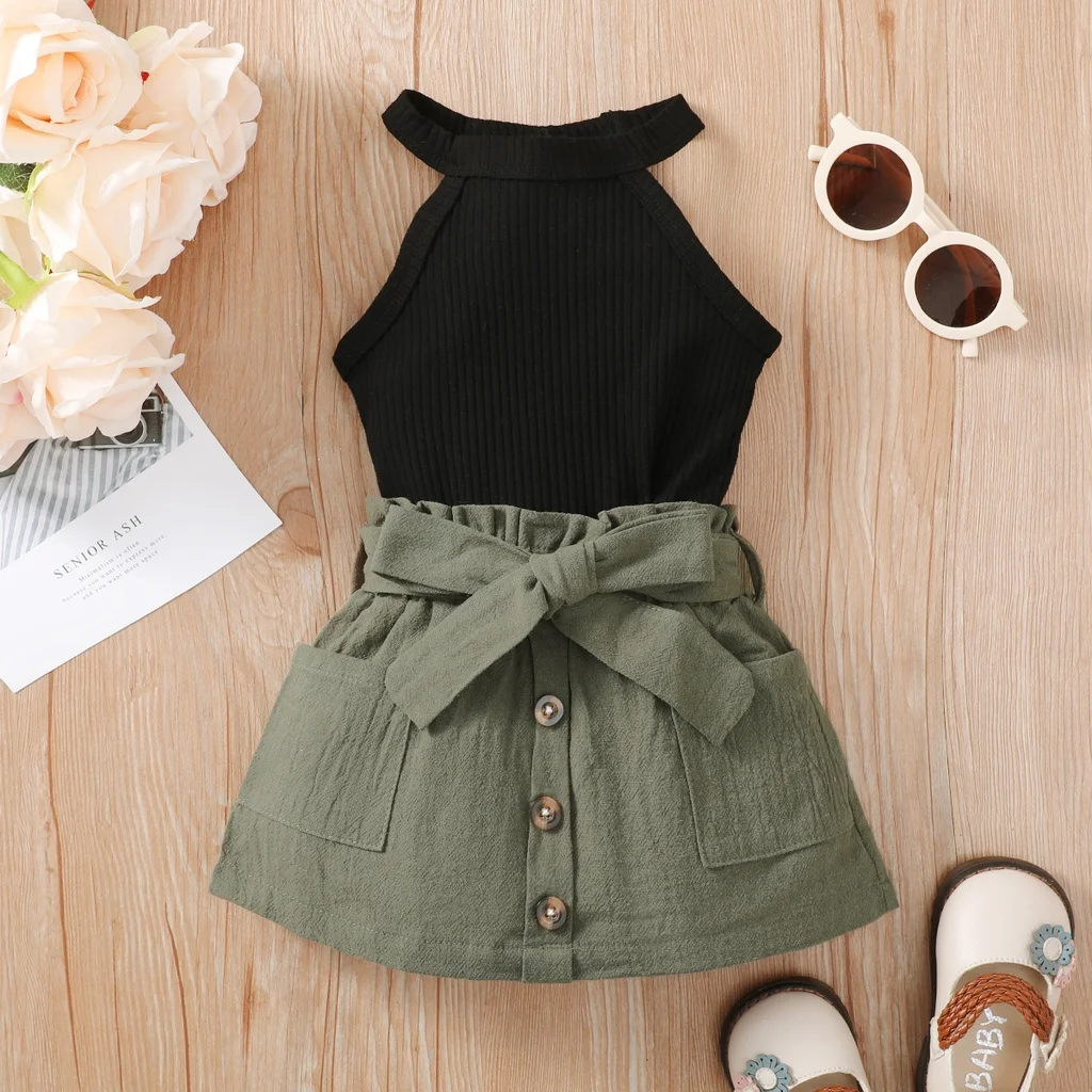 2PCS Baby Girl Clothing Set Ribbed Hanging Neck Top+Short Skirt Fashion Korean Style Summer Outfit for 3-24Months Toddler Girl