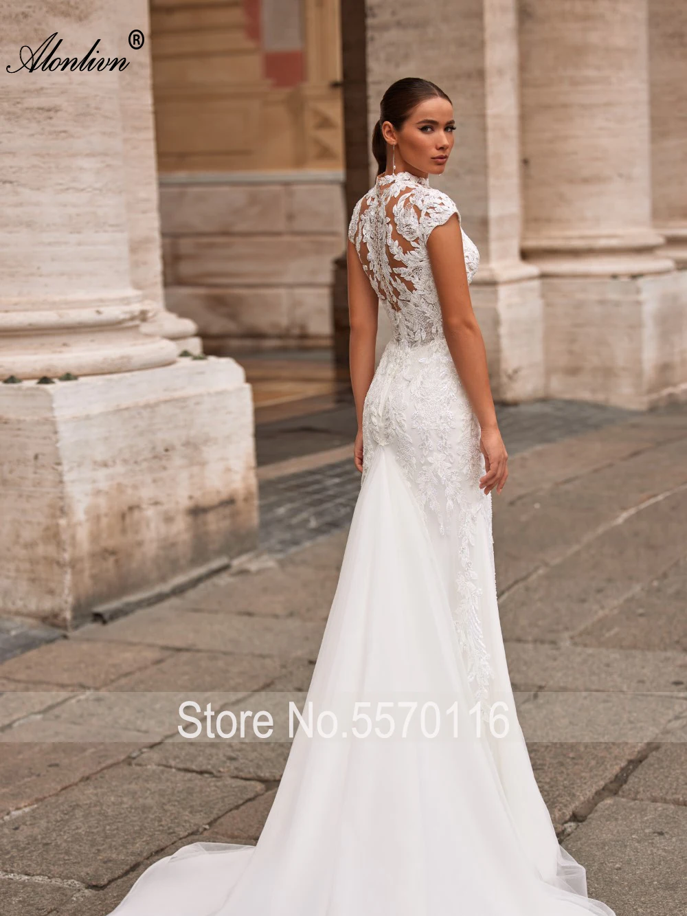 Alonlivn Chic 2 In 1 Mermaid Wedding Dresses With Removable Train High Collar Beading Appliques Lace Trumpt Wedding Gowns