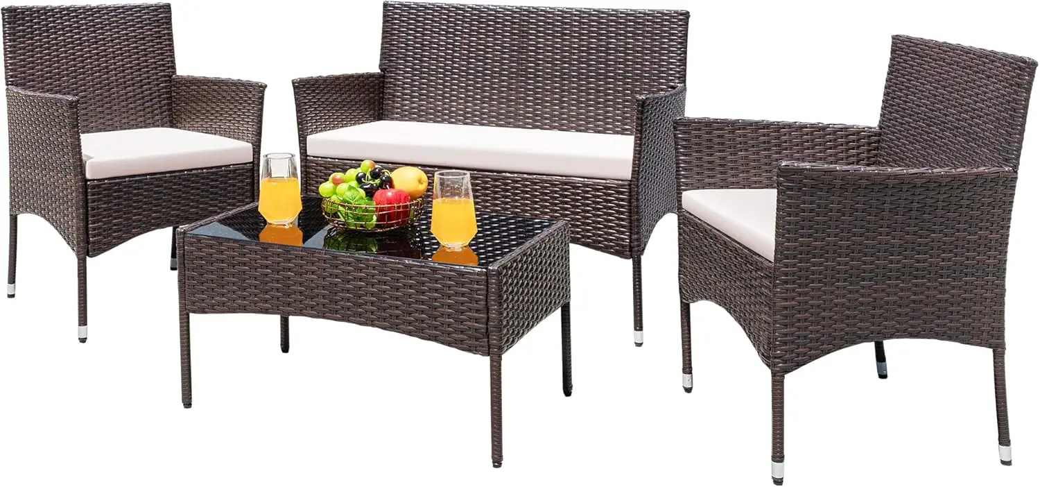 

4-Piece Outdoor Wicker Rattan Conversation Set with Cushions and Glass Table for Garden, Balcony, or Poolside
