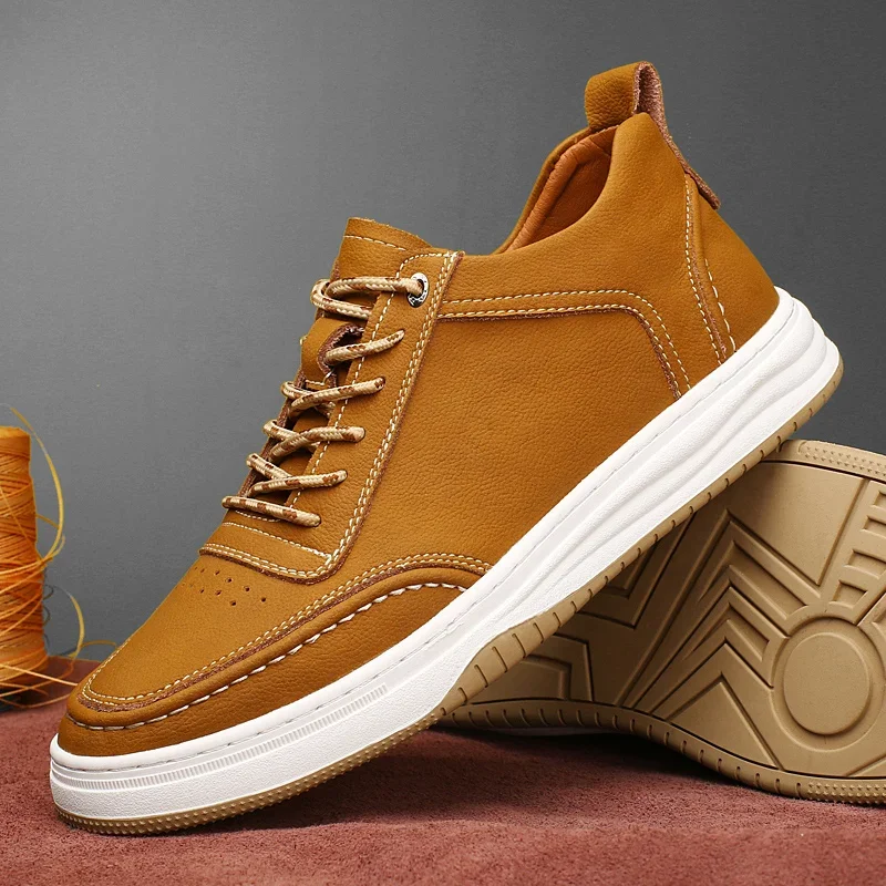

New 2024 Men Genuine Leather Outdoor Shoes Casual Flat Designer Shoes Comfy Skateboard Shoes Thick Bottom Lace-Up Walking Shoes