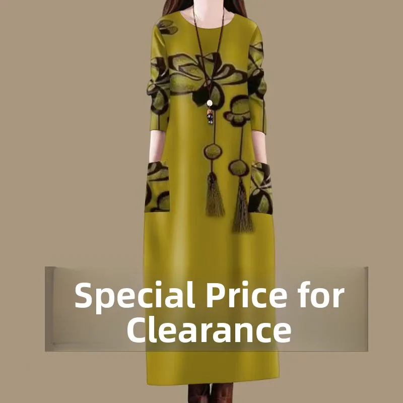 فستان نسائي طويل الأكمام مطبوع راقي للربيع والخريف بتصميم فضفاض وياقة مستديرة وتنورة على شكل حرف A بأسلوب عصري