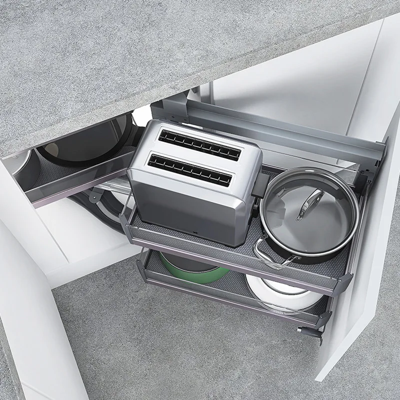 Kitchen cabinets rotate and pull out corners, little monsters corner, flying saucers pull baskets to store dishes, pots and pans